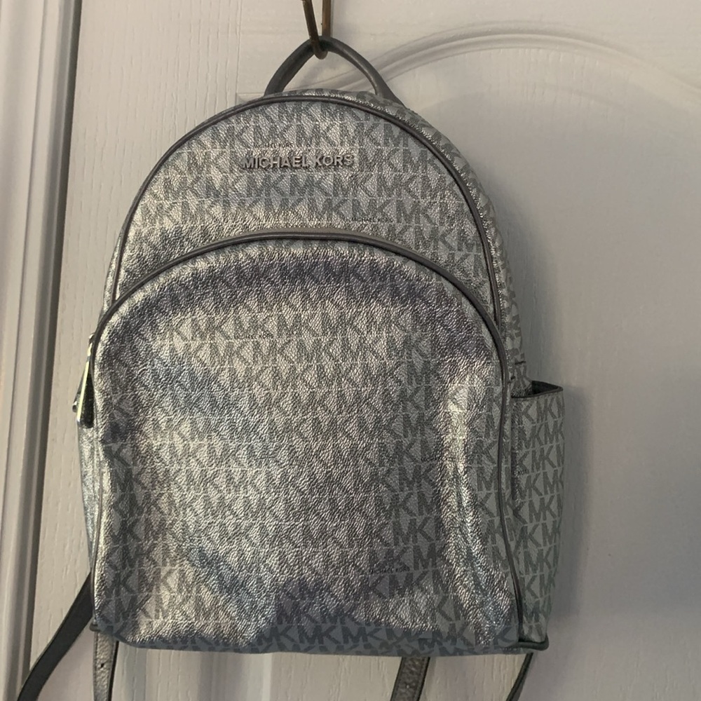 Michael Kors Silver shimmer Monogram Backpack shiny zipper leather compartments - Picture 2 of 16